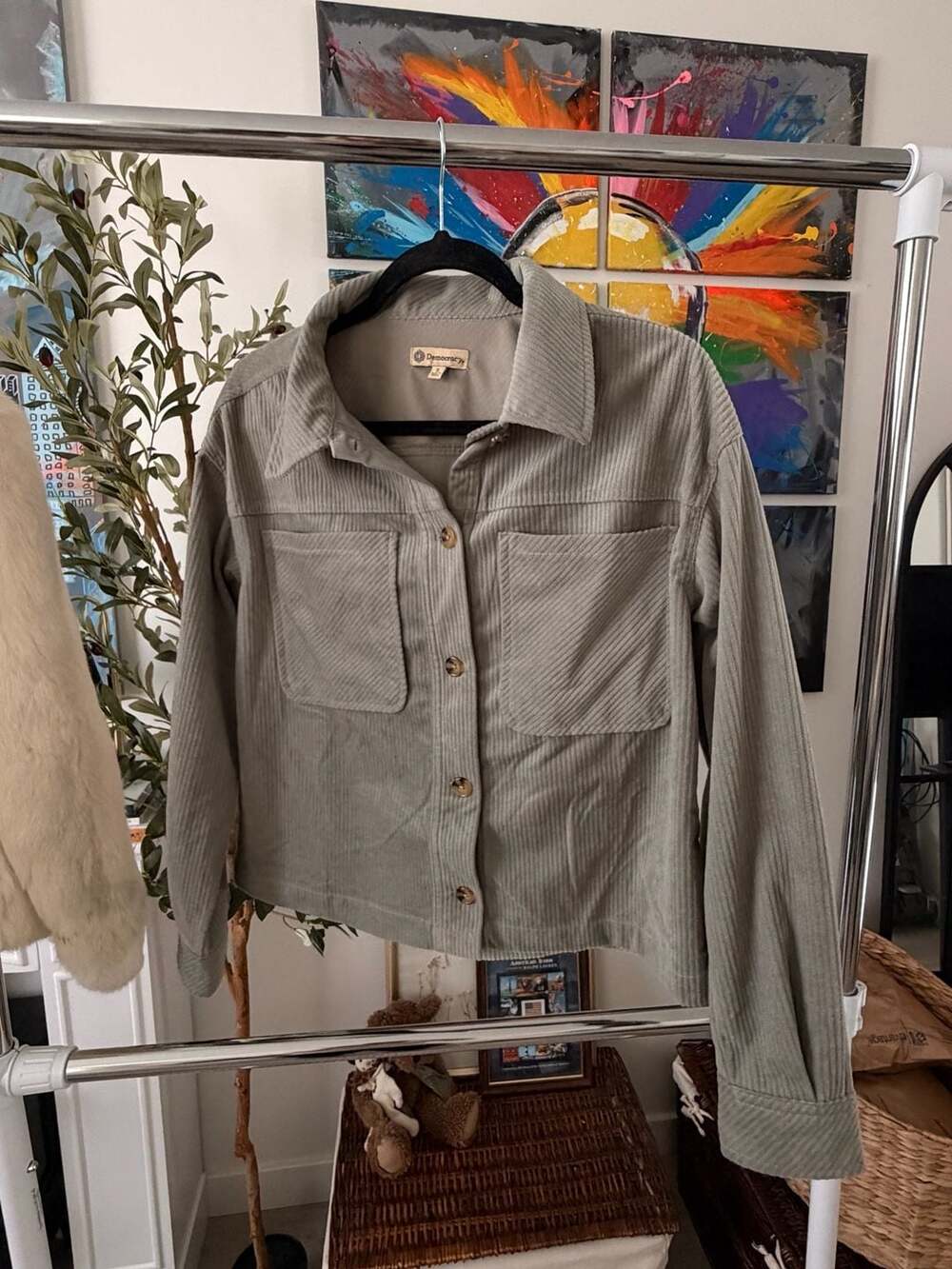 Women's Fall Soft Corduroy Cropped Jacket Lapel Collar Gray Green Tone Button-Up